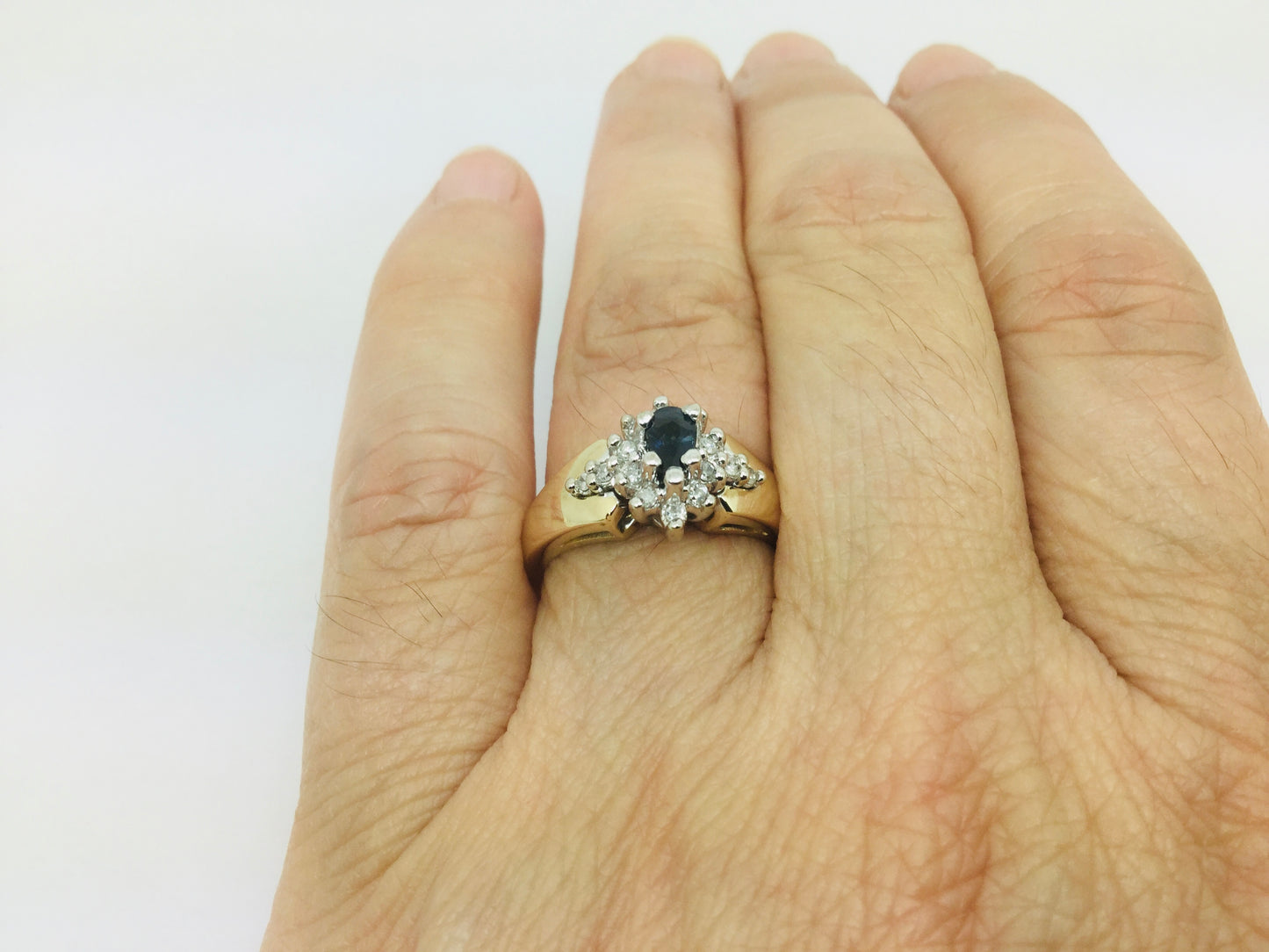 10k Yellow Gold Oval Cut 30pt Sapphire September Birthstone & 14pt Diamond Halo Cluster Ring