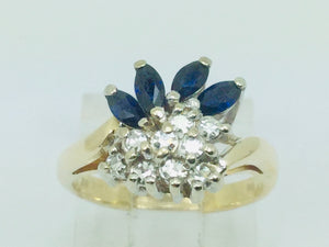 14k Yellow Gold Marquise Cut 40pt Sapphire September Birthstone & 18pt Diamond Cluster Ring