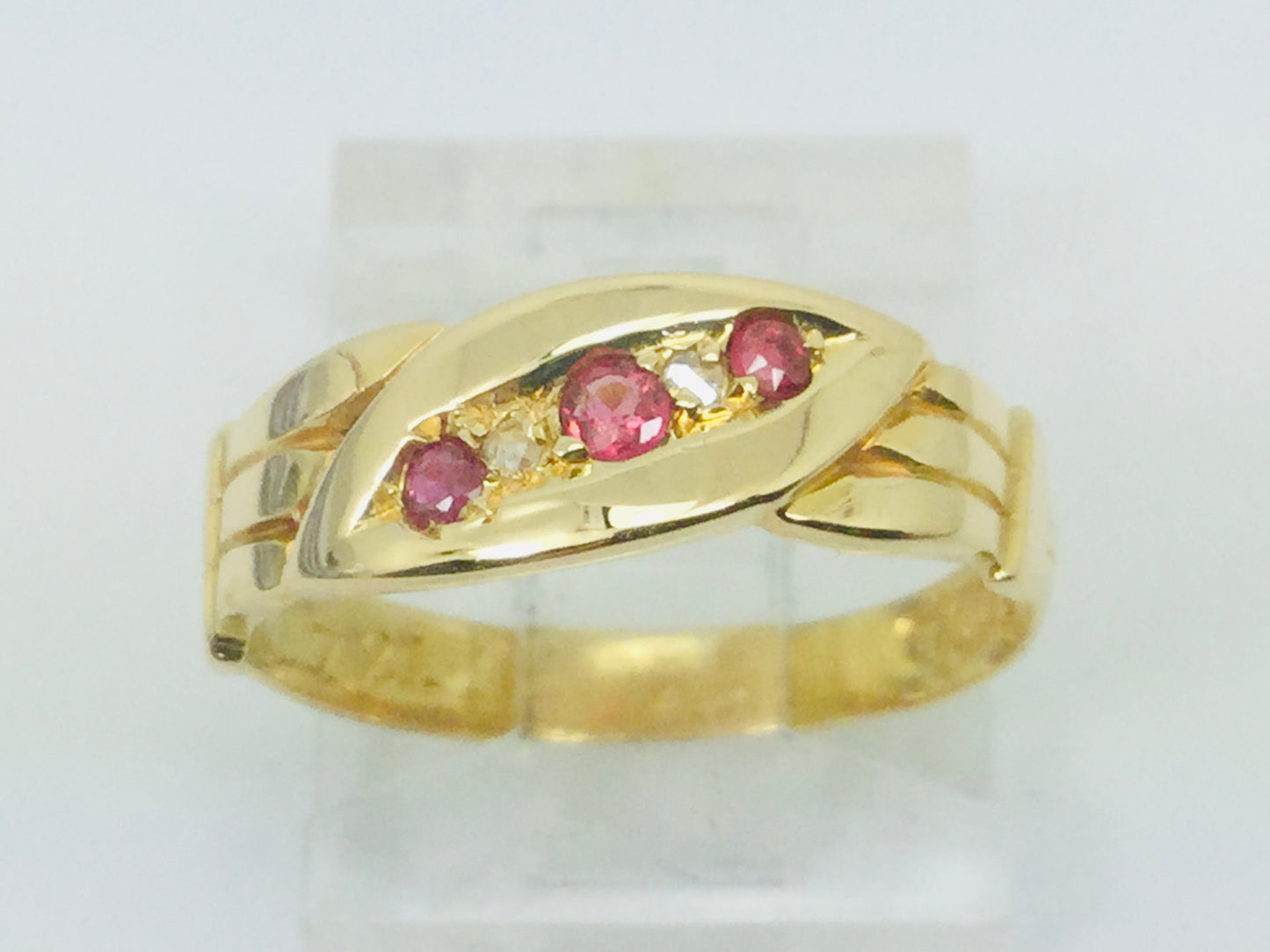 18k Yellow Gold Round Cut 10pt Ruby July Birthstone & 2pt Diamond Row Set Ring