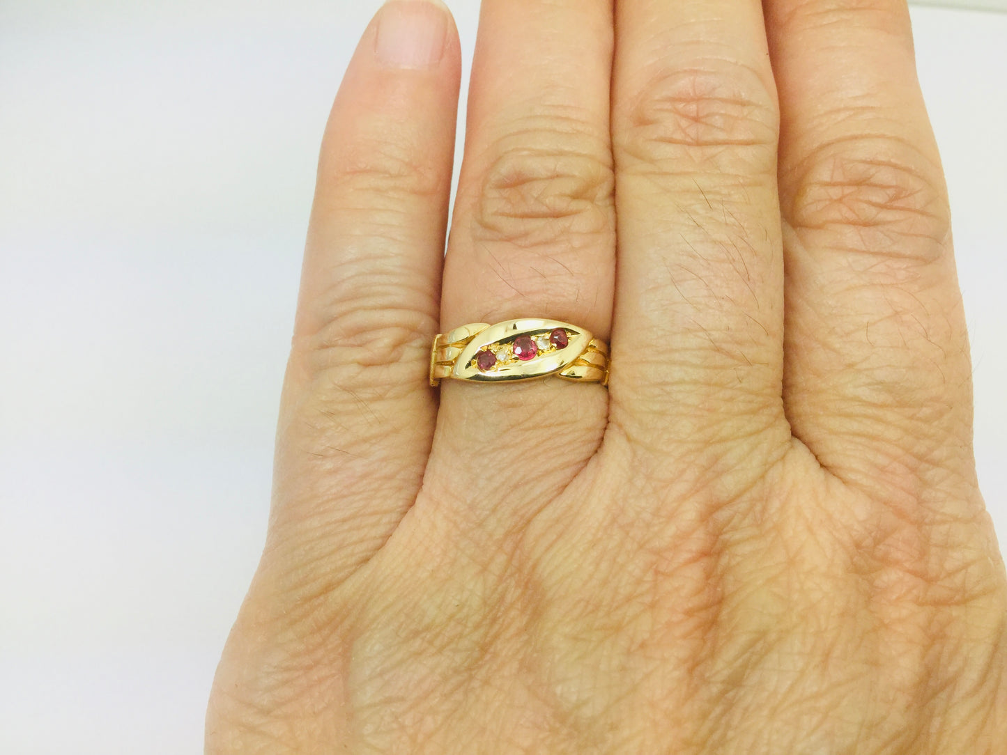 18k Yellow Gold Round Cut 10pt Ruby July Birthstone & 2pt Diamond Row Set Ring