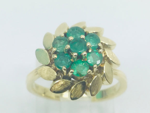 18k Yellow Gold Round Cut Emerald May Birthstone Floral & Leaf Ring