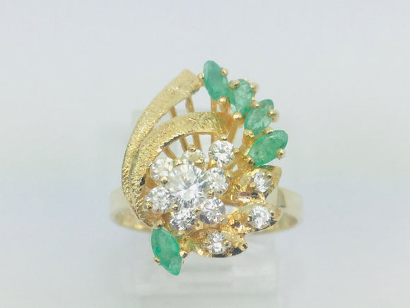 14k Yellow Gold Marquise Cut 50pt Emerald May Birthstone & Cubic Zirconia (CZ) Cluster Leaf Ring