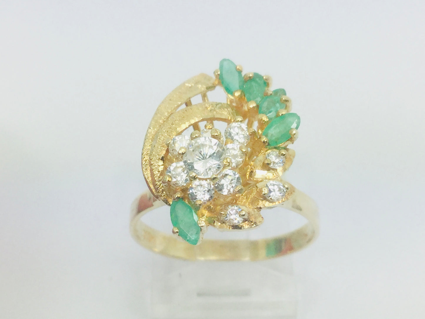 14k Yellow Gold Marquise Cut 50pt Emerald May Birthstone & Cubic Zirconia (CZ) Cluster Leaf Ring