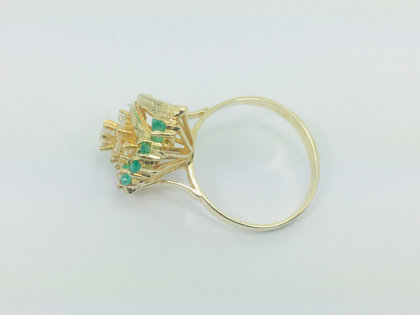 14k Yellow Gold Marquise Cut 50pt Emerald May Birthstone & Cubic Zirconia (CZ) Cluster Leaf Ring