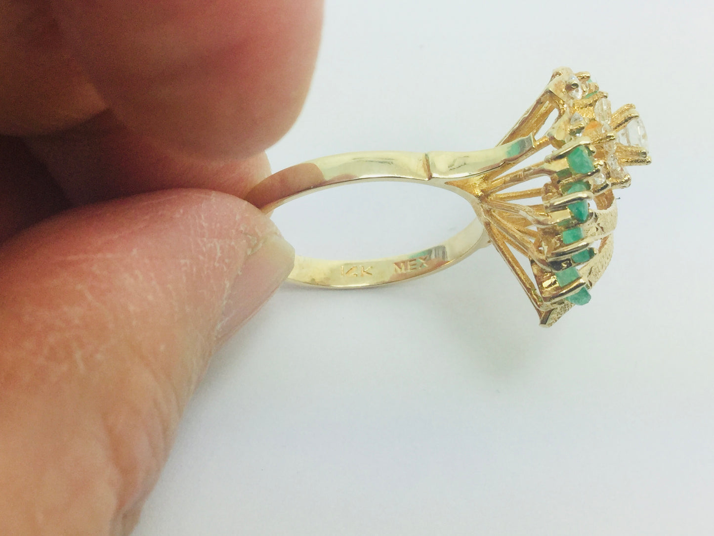 14k Yellow Gold Marquise Cut 50pt Emerald May Birthstone & Cubic Zirconia (CZ) Cluster Leaf Ring