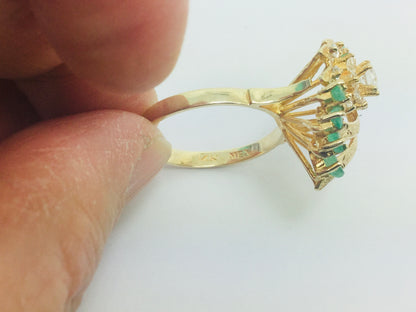14k Yellow Gold Marquise Cut 50pt Emerald May Birthstone & Cubic Zirconia (CZ) Cluster Leaf Ring