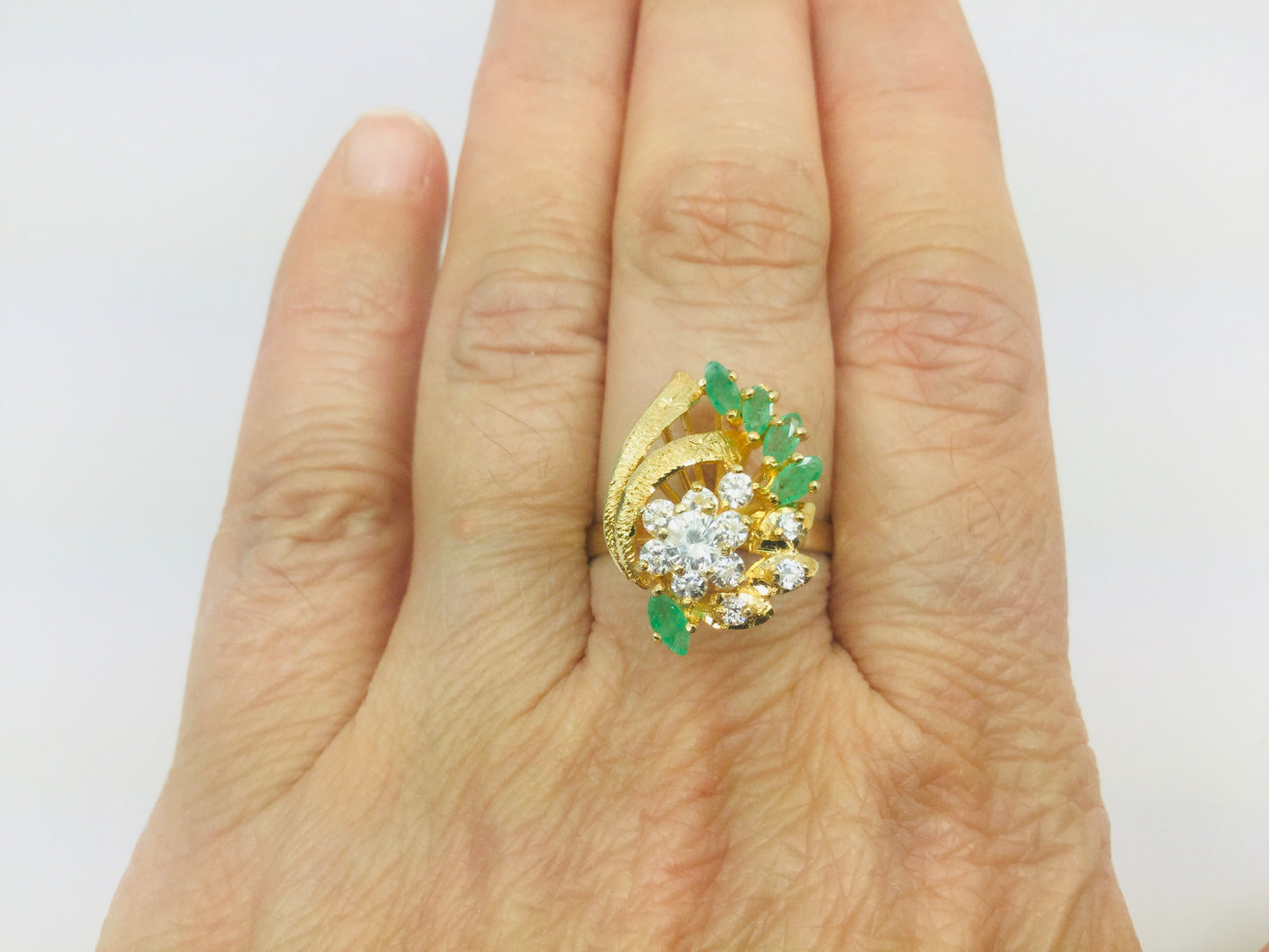 14k Yellow Gold Marquise Cut 50pt Emerald May Birthstone & Cubic Zirconia (CZ) Cluster Leaf Ring