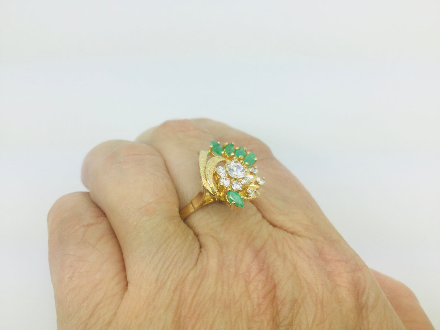 14k Yellow Gold Marquise Cut 50pt Emerald May Birthstone & Cubic Zirconia (CZ) Cluster Leaf Ring