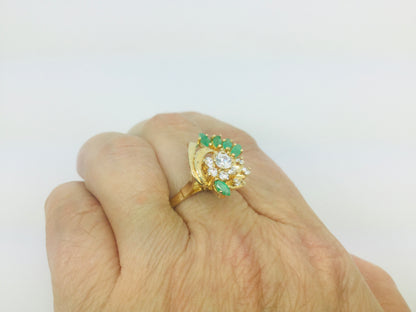 14k Yellow Gold Marquise Cut 50pt Emerald May Birthstone & Cubic Zirconia (CZ) Cluster Leaf Ring