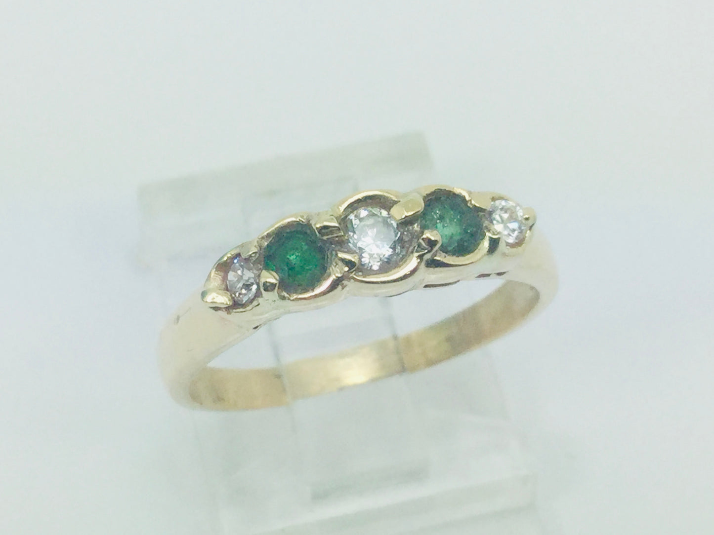 14k Yellow Gold Round Cut 12pt Emerald May Birthstone & CZ Row Set Ring