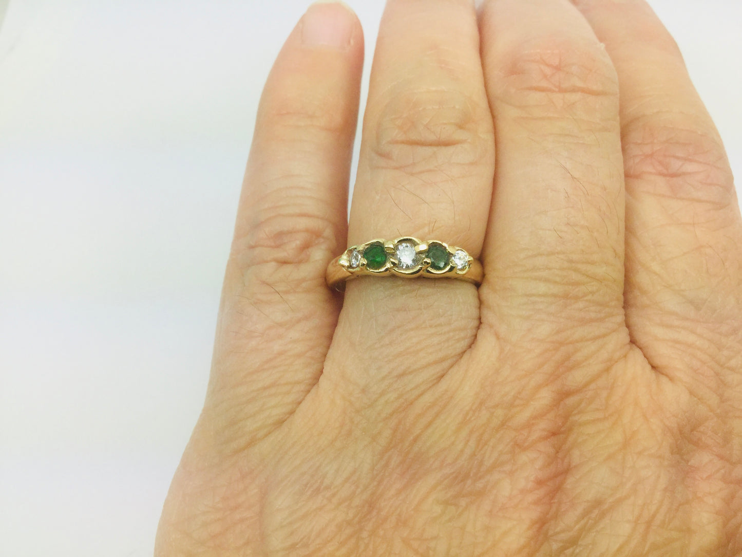 14k Yellow Gold Round Cut 12pt Emerald May Birthstone & CZ Row Set Ring