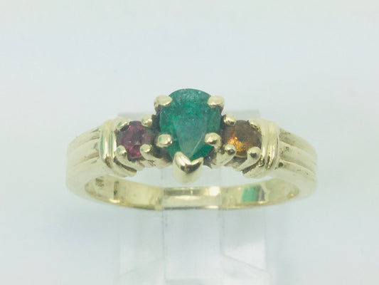 10k Yellow Gold Pear Cut Emerald May Birthstone, Citrine and Garnet Ring
