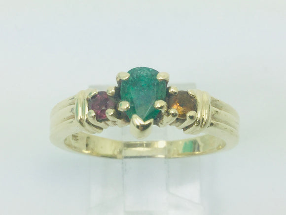 10k Yellow Gold Pear Cut Emerald May Birthstone, Rose Quartz and Garnet Ring