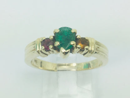 10k Yellow Gold Pear Cut Emerald May Birthstone, Citrine and Garnet Ring