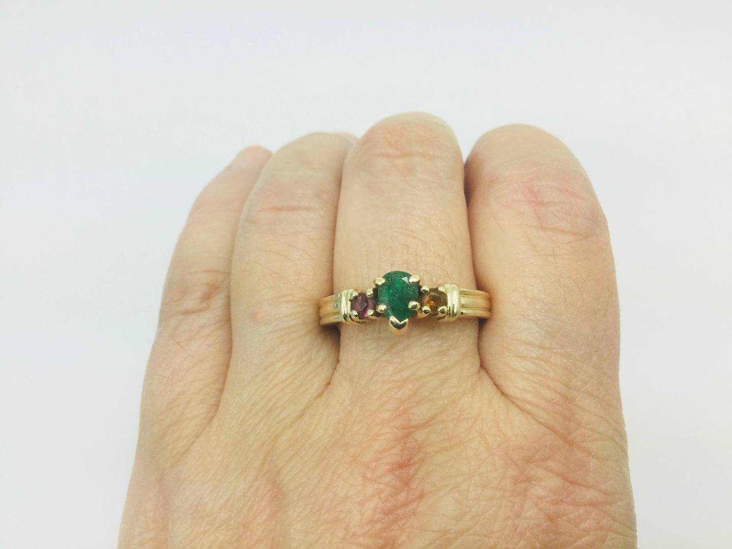 10k Yellow Gold Pear Cut Emerald May Birthstone, Citrine and Garnet Ring