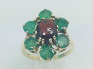 10k Yellow Gold Cabochon Garnet & Round Cut Emerald May Birthstone Floral Ring