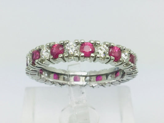 10k White Gold Round Cut 72pt Ruby July Birthstone & 72pt Diamond Eternity Band Ring
