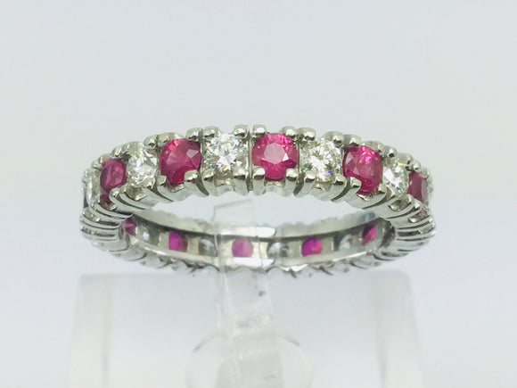 10k White Gold Round Cut 72pt Ruby July Birthstone & 72pt Diamond Eternity Band Ring