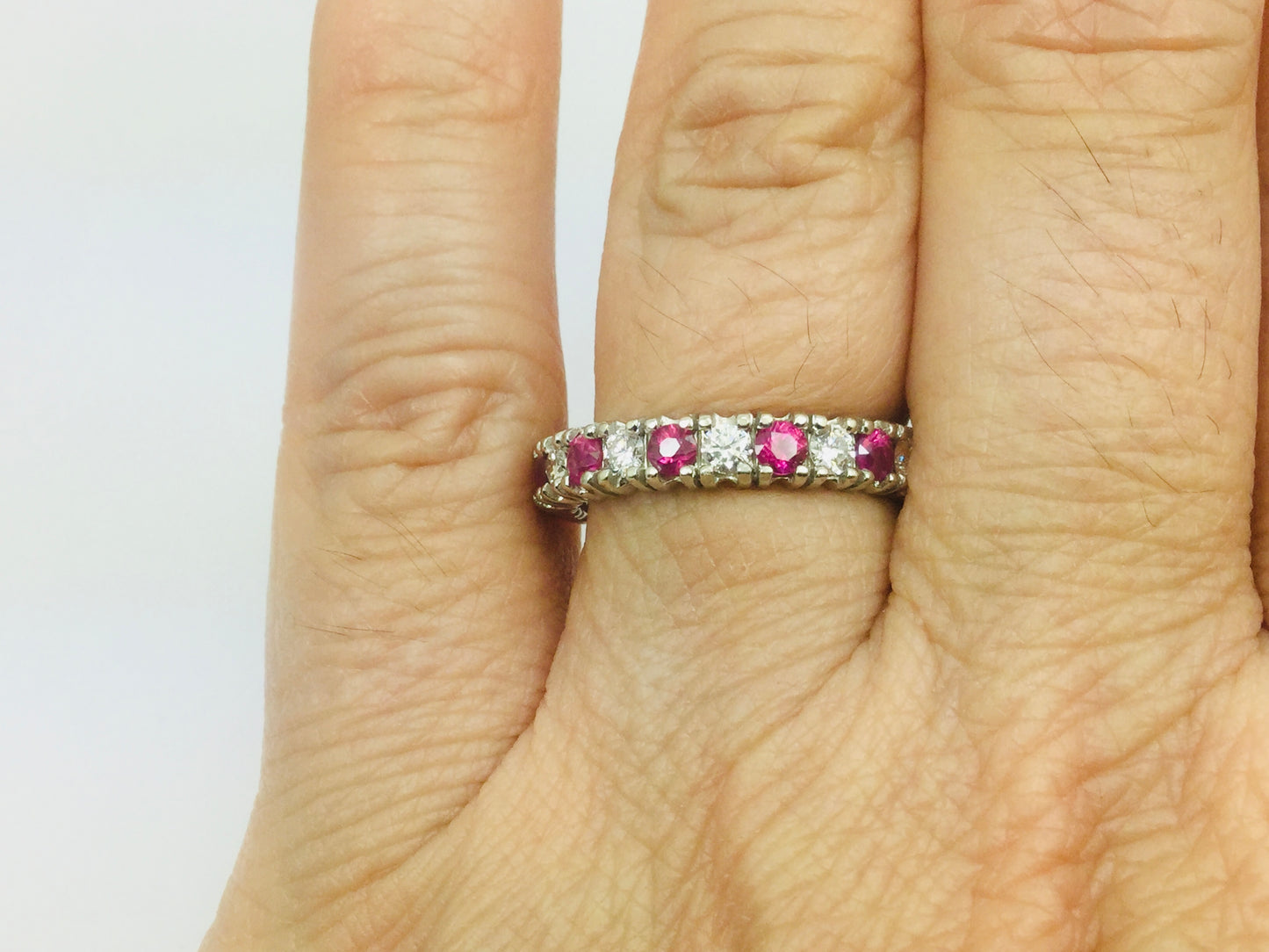 10k White Gold Round Cut 72pt Ruby July Birthstone & 72pt Diamond Eternity Band Ring