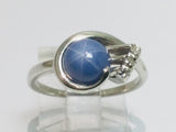 10k White Gold Oval Cut Star Sapphire September Birthstone & 3pt Diamond Ring