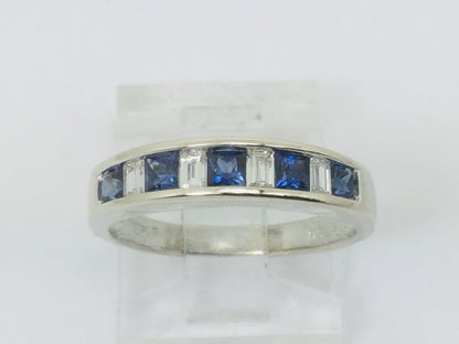 18k White Gold Princess Cut 50pt Sapphire & Baguette Cut 32pt Diamond Ring