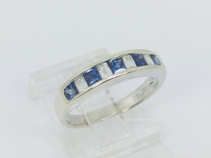 18k White Gold Princess Cut 50pt Sapphire & Baguette Cut 32pt Diamond Ring