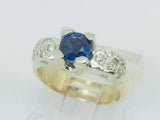 14k White and Yellow Gold Round Cut 40pt Sapphire & 25pt Diamond Ring