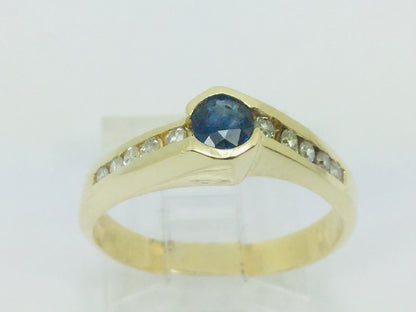 14k Yellow Gold Round Cut 25pt Sapphire September Birthstone & 10pt Diamond Ring