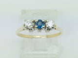 10k Yellow Gold Round Cut 12pt Sapphire September Birthstone & 14pt Diamond Trinity Ring