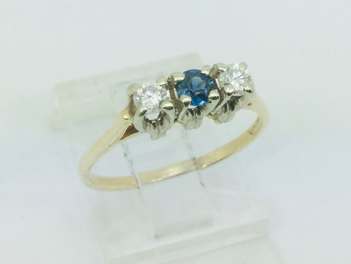 10k Yellow Gold Round Cut 12pt Sapphire September Birthstone & 14pt Diamond Trinity Ring
