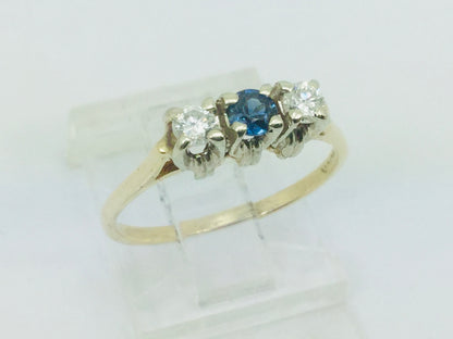 10k Yellow Gold Round Cut 12pt Sapphire September Birthstone & 14pt Diamond Trinity Ring