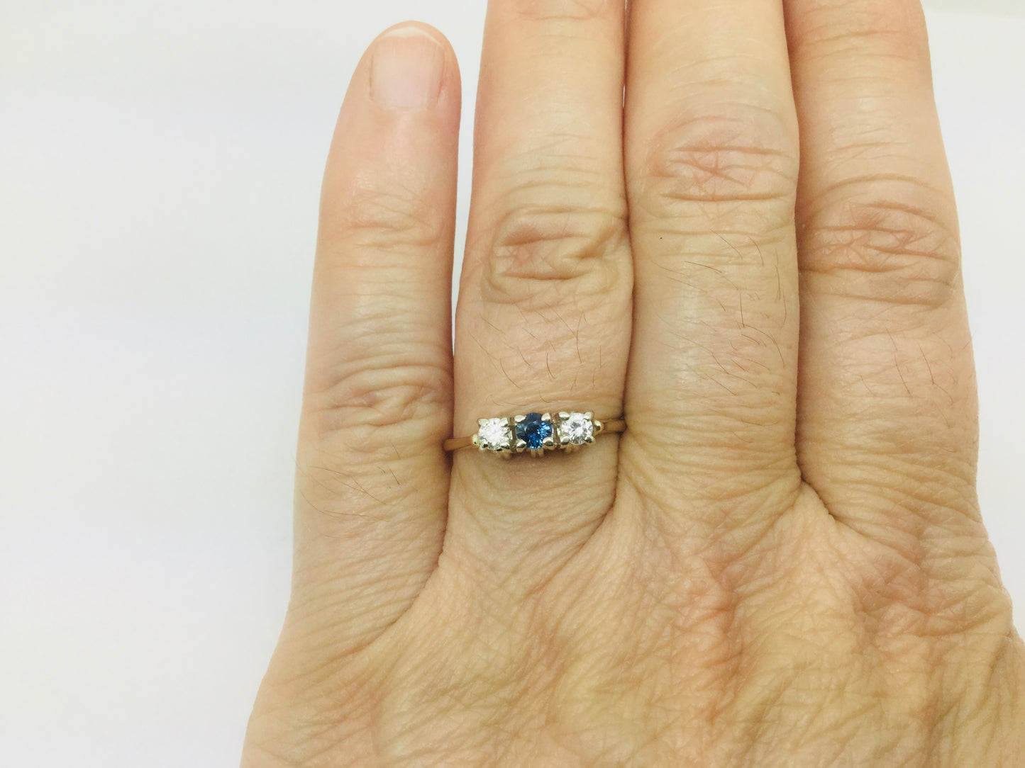 10k Yellow Gold Round Cut 12pt Sapphire September Birthstone & 14pt Diamond Trinity Ring
