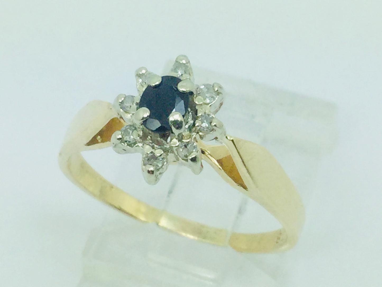 14k Yellow Gold Oval Cut 20pt Sapphire September Birthstone & 8pt Diamond Halo Ring
