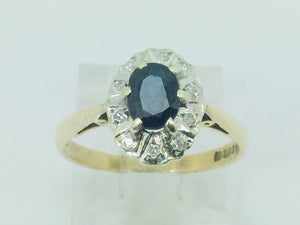 9k Yellow Gold Oval Cut 50pt Sapphire September Birthstone & 5pt Diamond Halo Ring