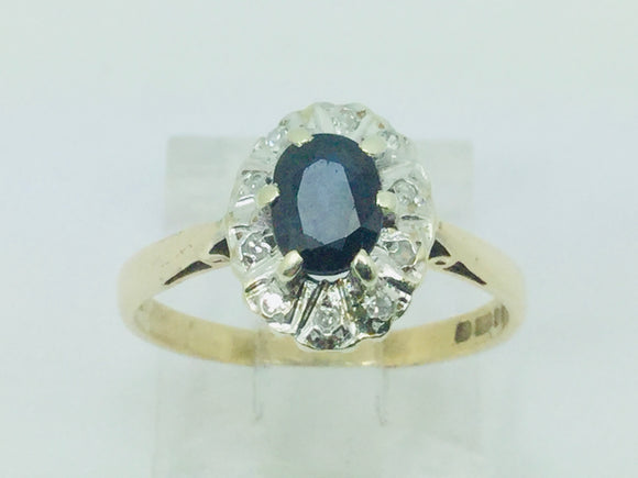 9k Yellow Gold Oval Cut 50pt Sapphire September Birthstone & 5pt Diamond Halo Ring