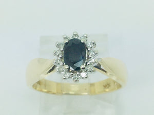 10k Yellow Gold Round Cut 50pt Sapphire & 7pt Diamond Ring