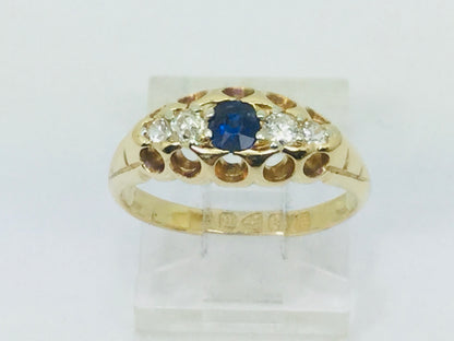 18k Yellow Gold Round Cut 20pt Sapphire September Birthstone & 18pt Diamond Ring