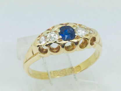 18k Yellow Gold Round Cut 20pt Sapphire September Birthstone & 18pt Diamond Ring