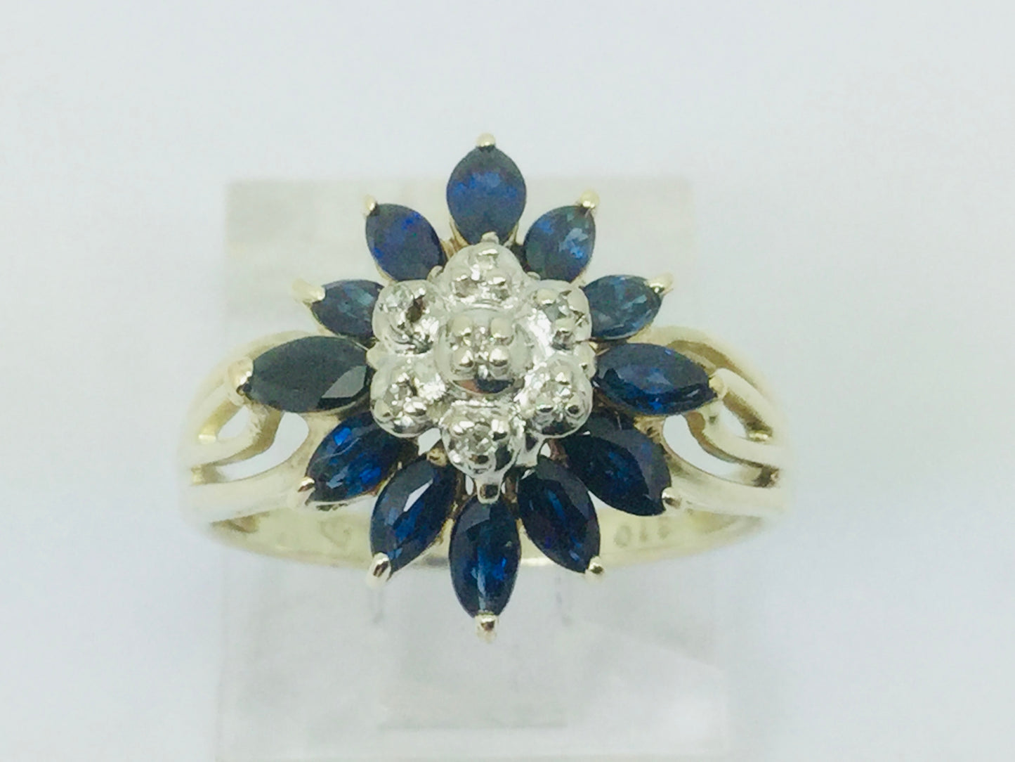 10k Yellow Gold Marquise Cut 2ct Sapphire September Birthstone & 3pt Diamond Floral Cluster Ring