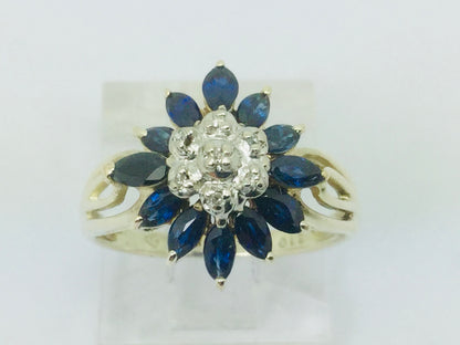 10k Yellow Gold Marquise Cut 2ct Sapphire September Birthstone & 3pt Diamond Floral Cluster Ring