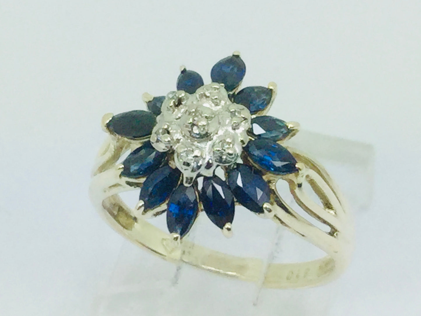 10k Yellow Gold Marquise Cut 2ct Sapphire September Birthstone & 3pt Diamond Floral Cluster Ring
