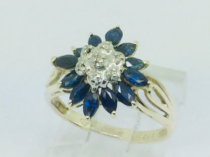 10k Yellow Gold Marquise Cut 2ct Sapphire September Birthstone & 3pt Diamond Floral Cluster Ring