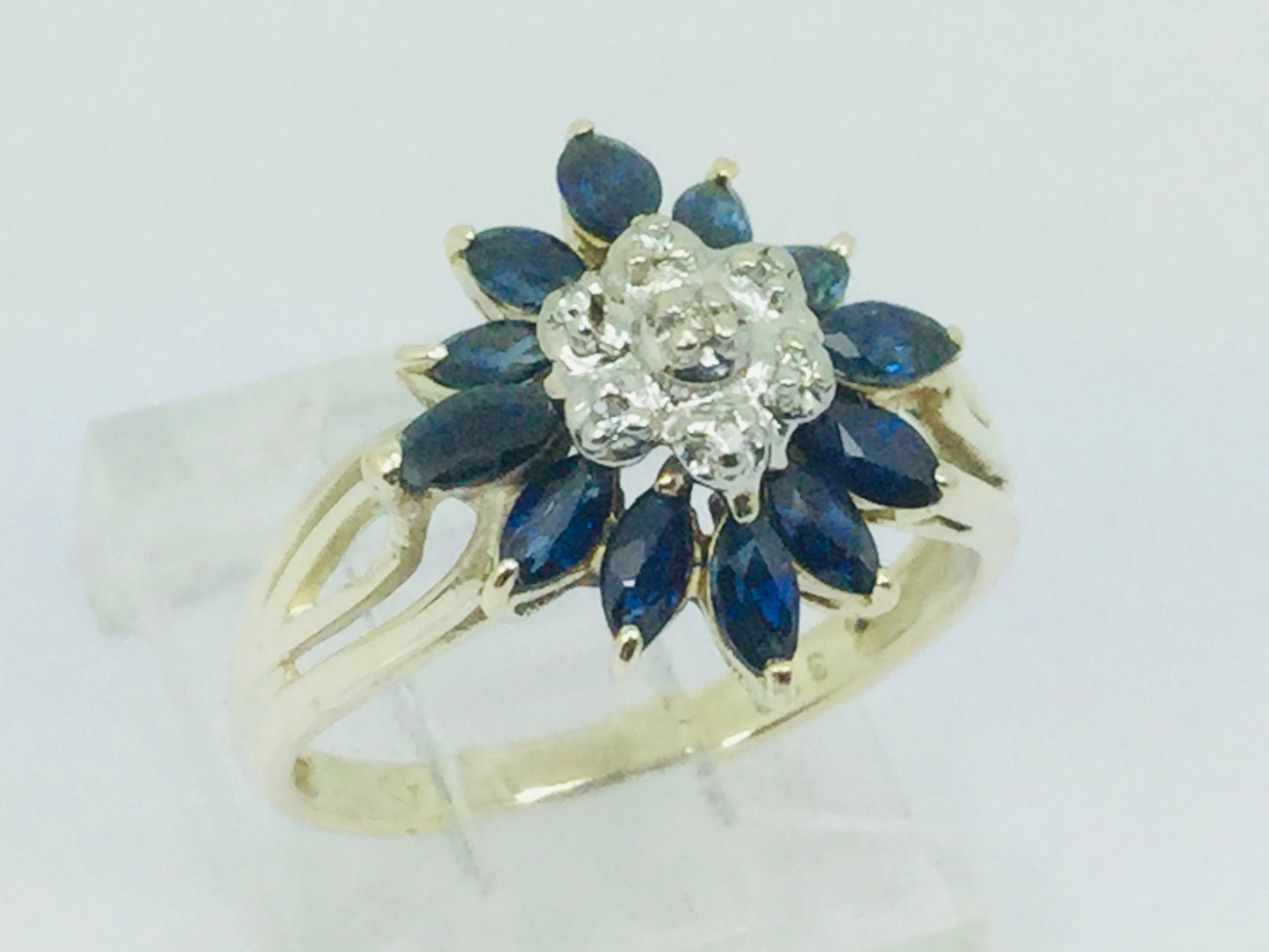 10k Yellow Gold Marquise Cut 2ct Sapphire September Birthstone & 3pt Diamond Floral Cluster Ring