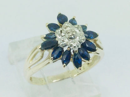10k Yellow Gold Marquise Cut 2ct Sapphire September Birthstone & 3pt Diamond Floral Cluster Ring
