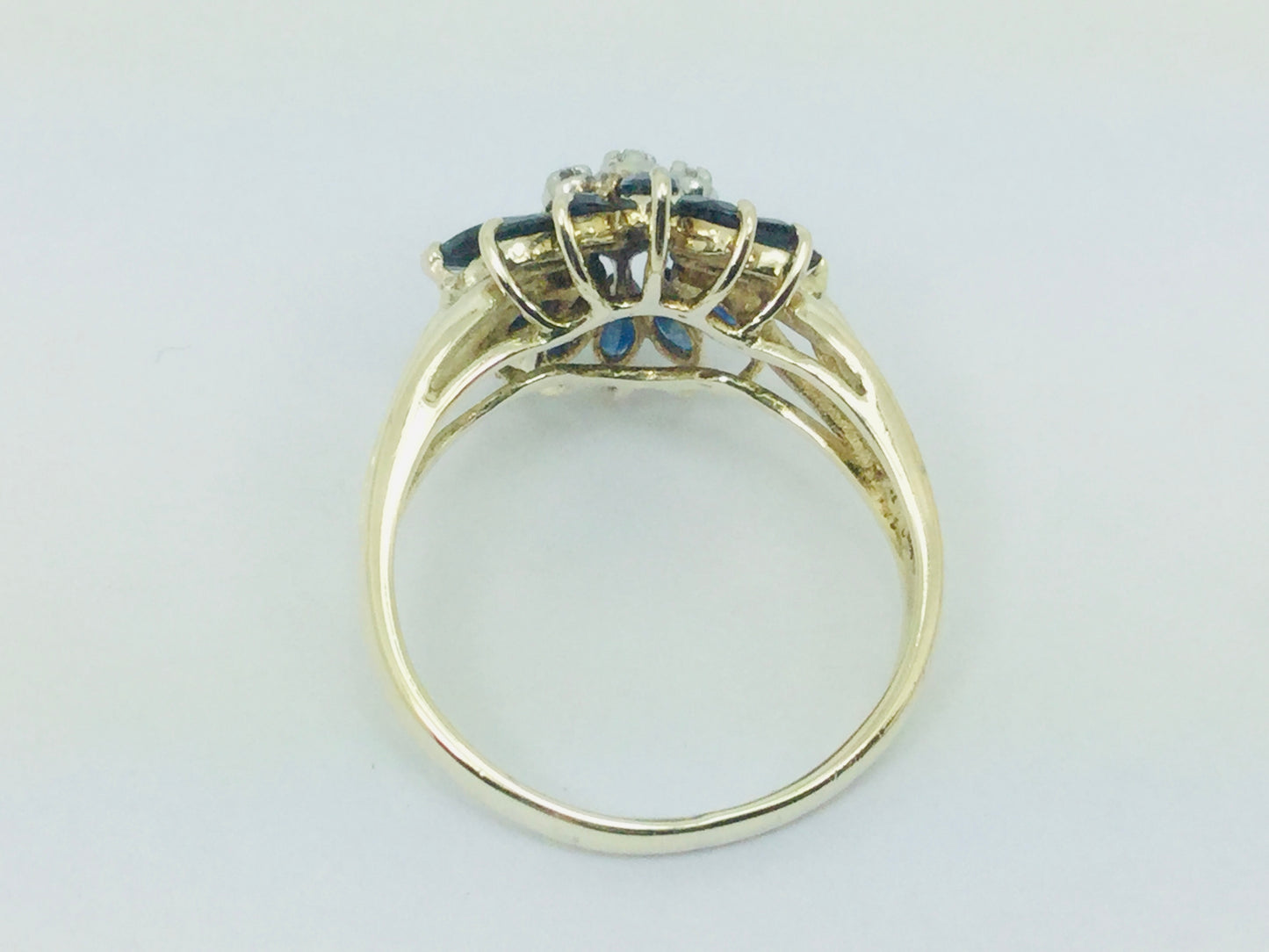 10k Yellow Gold Marquise Cut 2ct Sapphire September Birthstone & 3pt Diamond Floral Cluster Ring