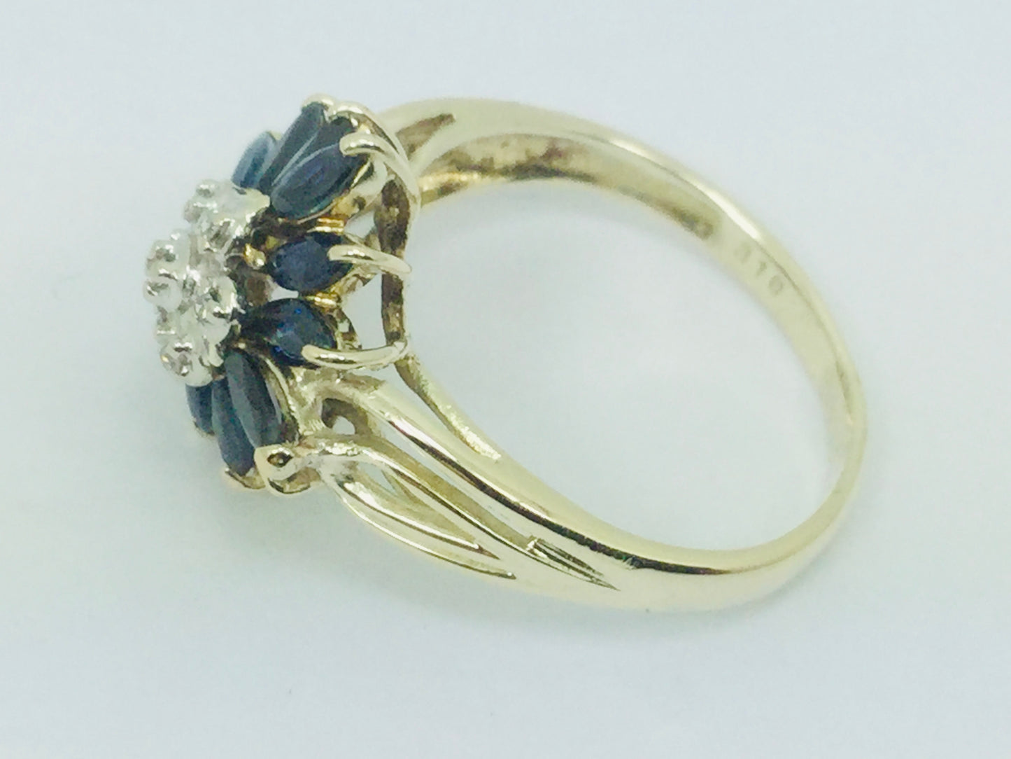 10k Yellow Gold Marquise Cut 2ct Sapphire September Birthstone & 3pt Diamond Floral Cluster Ring