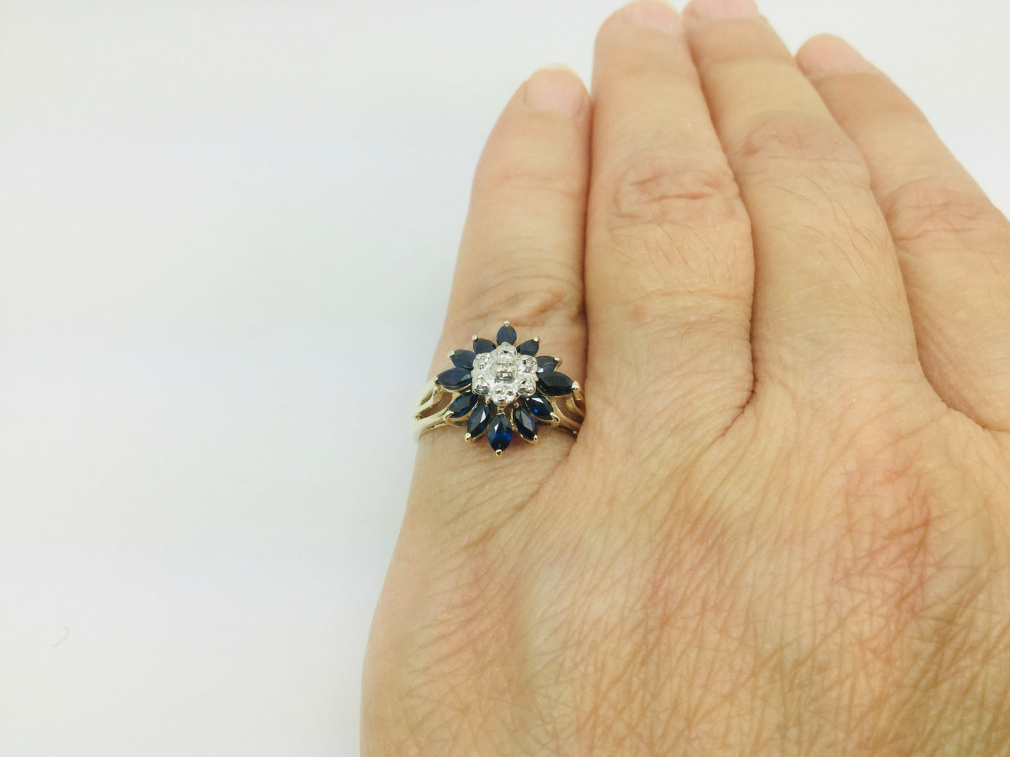 10k Yellow Gold Marquise Cut 2ct Sapphire September Birthstone & 3pt Diamond Floral Cluster Ring