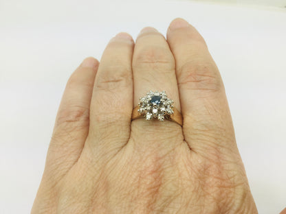 14k Yellow Gold Round Cut 16pt Sapphire September Birthstone & 32pt Diamond Halo Cluster Ring