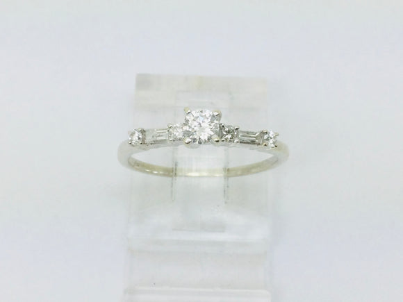 14k White Gold Round Cut 23pt Diamond with Round and Baguette Diamond Accents Ring