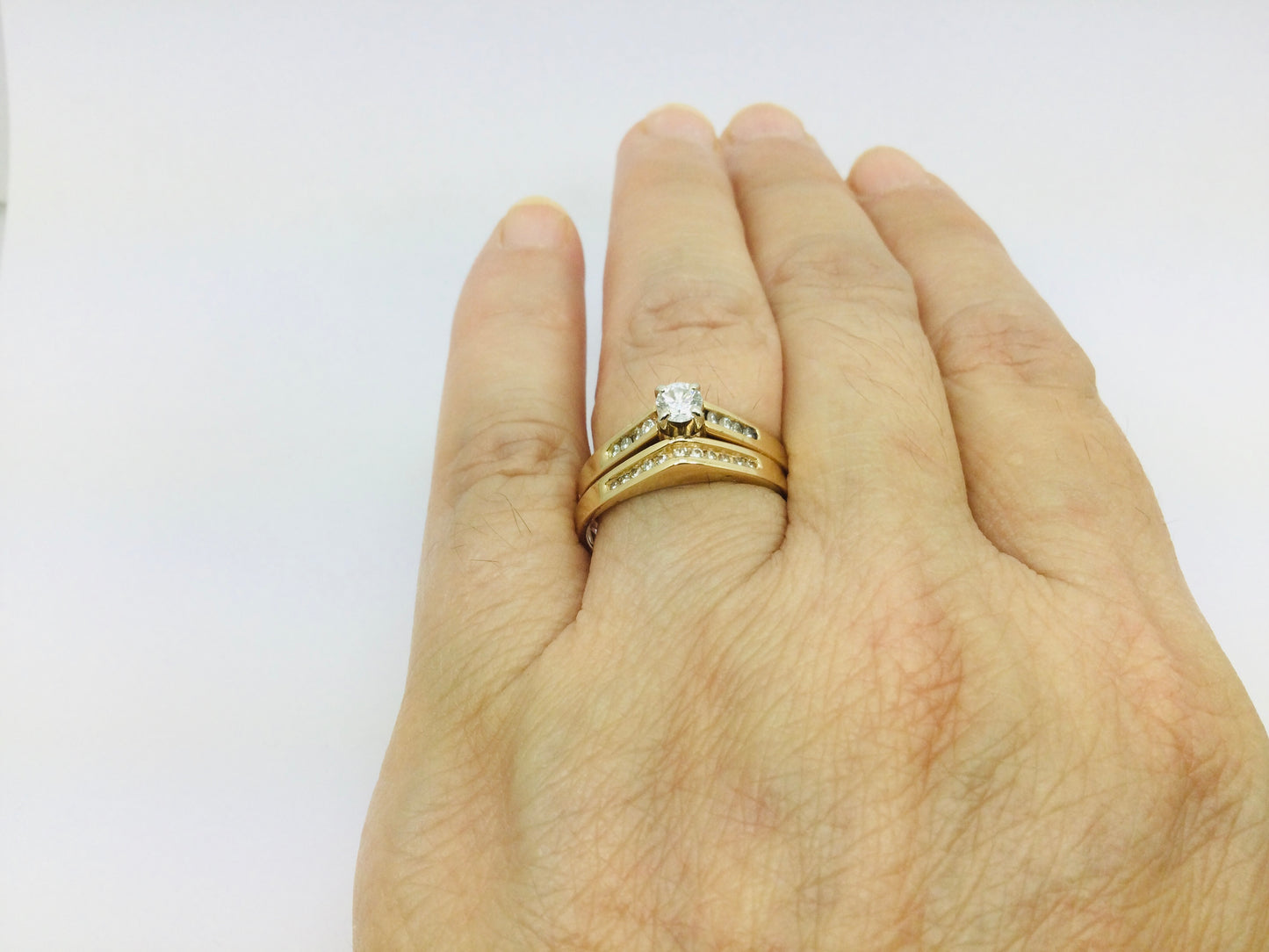 14k Yellow Gold Round Cut 39pt Diamond Channel Set Engagement Ring & Wedding Band Set